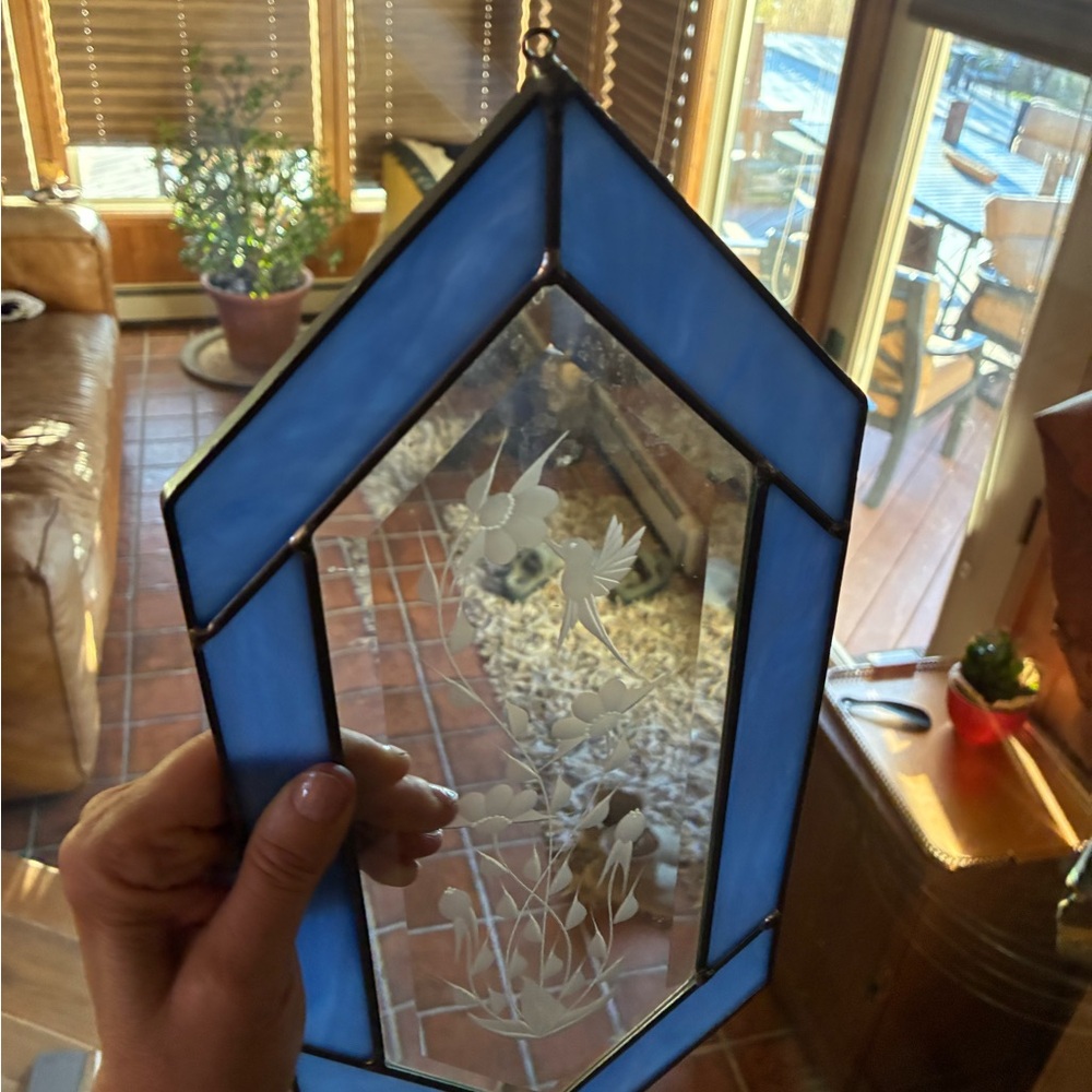 Etched Glass Floral Panel in Stained Glass Blue Frame Geometric Pattern W/Hanger